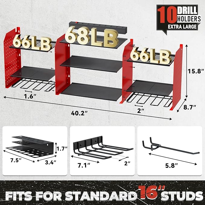 Upgrade Large Power Tool Organizer Wall Mount with Charging Station Tool Storage Rack with 6.5FT Power Strip 10 Drill Holder and Storage Rack for Garage Organization