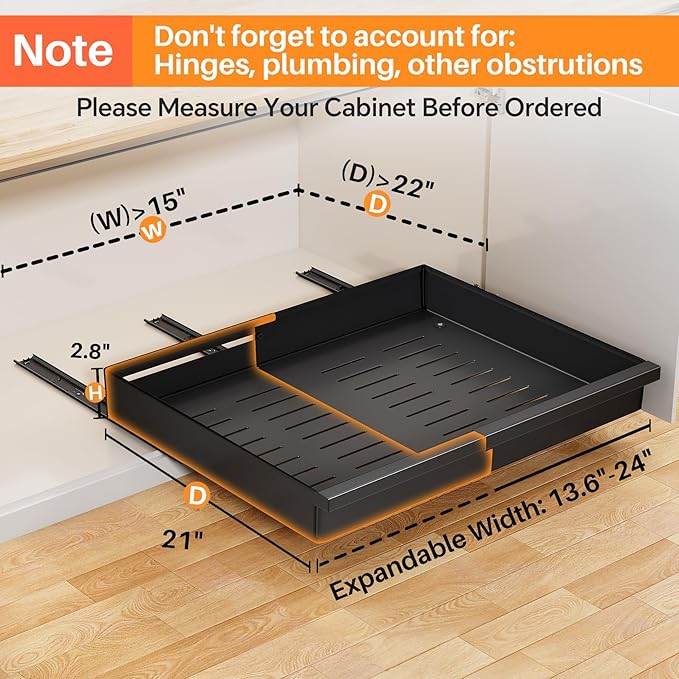 Pull out Cabinet Organizer, 1-Pack Expandable(13.6"-24") Silde out Drawers with Raising Pad for Framed Cabinets, Adjustable Full-Extension Adhesive Roll out Shelves for Kitchen Pantry Home Pot and Pan
