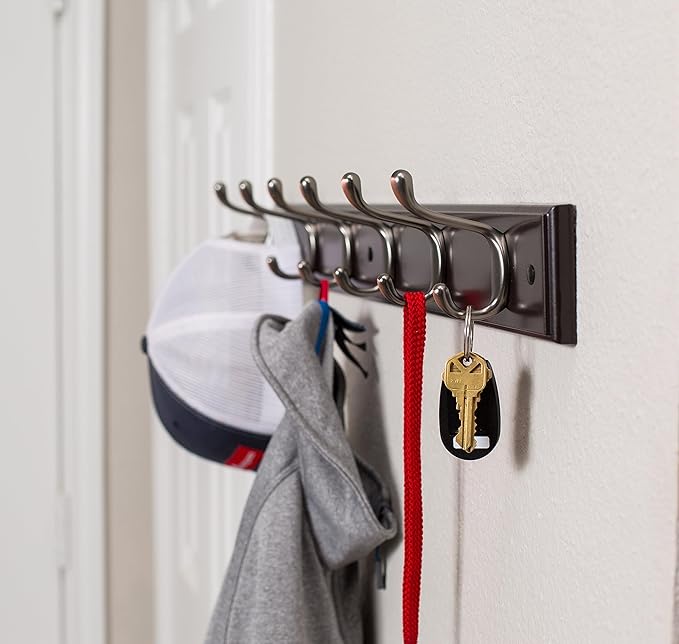 BIRDROCK HOME Oval Hook Coat and Hat Rack | 6 Hooks| Wall Mount | Brown Finish | Bronze Hooks