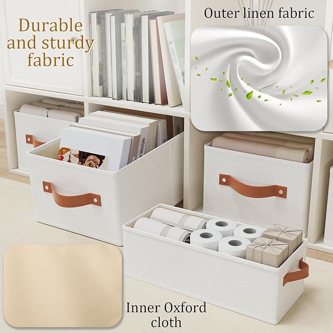 OUTBROS Wardrobe Storage Boxes, Fabric Foldable Bins, Cube Baskets With Handles, Collapsible Organiser For Bedrooms, Living Rooms, Shelves, White, 15 x 6.1 x 5.1 inch, 3-Pack