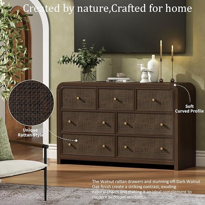 Oak&Sparrow 7 Drawer Dresser for Bedroom, 49'' Rattan Dresser with Ample Storage, Boho Chest of Drawers, Thickened Curved Profile Design, Dark Walnut Dressers for Bedroom, Living Room