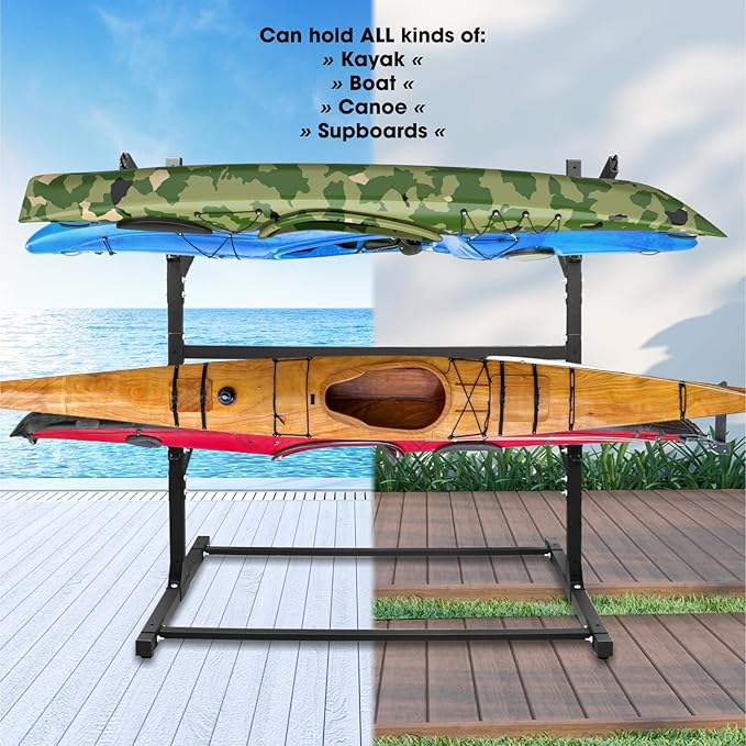 Adjustable Kayak Storage Rack, Freestanding Sup Storage Stand, Weatherproof Canoe Holder, Heavy Duty Paddleboard Bracket, Surfboard Bracket for Indoor, Outdoor, Garage, Shed, Dock…