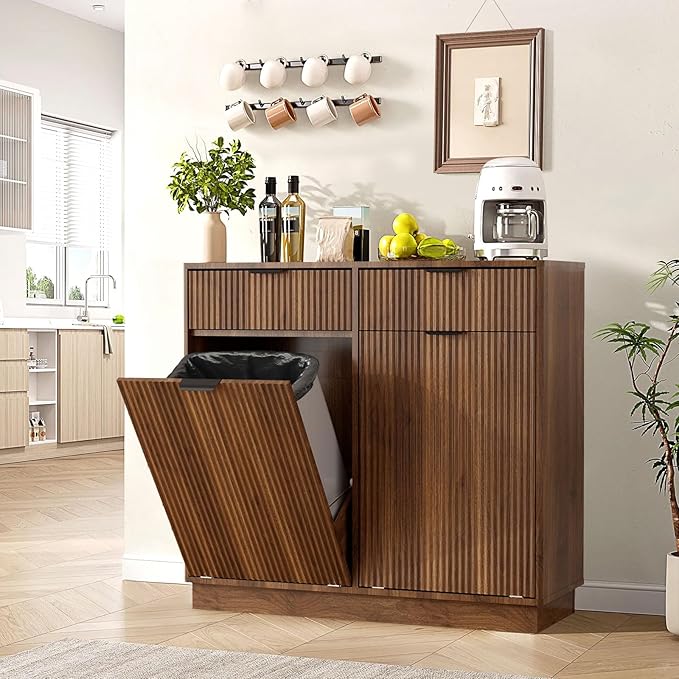 Double Tilt Out Trash Can Cabinet, Laundry Hamper Cabinet with 2 Drawers, Trash Can Holder Cabinet, Wave-Textured Front, 2 × 10 Gallon, Walnut