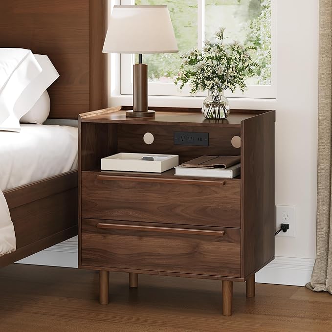Mid-Century Modern Nightstands Set of 2 with Charging Station, 26" Tall Wood Bedside Tables with Tray Top, USB & Type-C Ports, 2 Drawers and Open Shelf for Bedroom or Living Room, Walnut