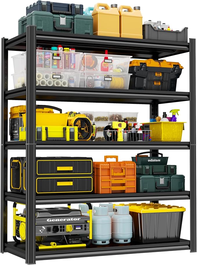 Storage Shelves, Garage Metal Shelving Unit, Adjustable, Double-Layer Column with Reinforced Ribs, Heavy-Duty, Capable of Bearing 600-3600 lbs (Black, 71 * 45 * 18, 5-Tier)