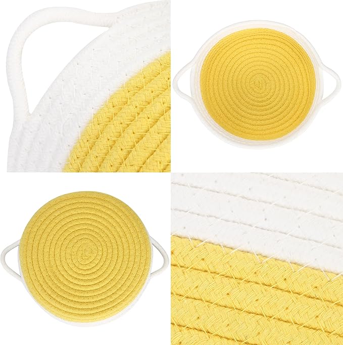 Sea Team 2-Pack Cotton Rope Baskets, 10 x 3 Inches Small Woven Storage Basket, Fabric Tray, Bowl, Round Open Dish for Fruits, Jewelry, Keys, Sewing Kits (Yellow & White)