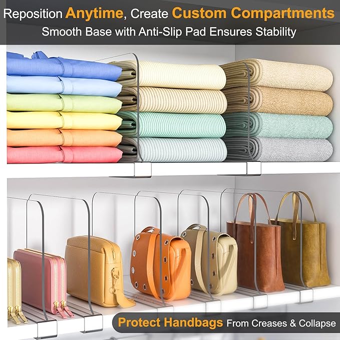 Purse Organizer for Closet Shelf Dividers: 8" Tall X 12" Deep, Acrylic Clear Closet Shelf Divider, Bag Storage for Clothes Sweater, Vertical Separators for Wood Cabinet, Handbag Organization, 12 Pack
