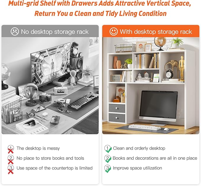 REIBII Desktop Bookshelf,Adjustable Desktop Organizer,High-Capacity Desk Hutch Organizer with 7 Shelves and 2 Drawers for Computer Desk,Desk Shelf for Top of Desk, Desk Hutch Dorm, White