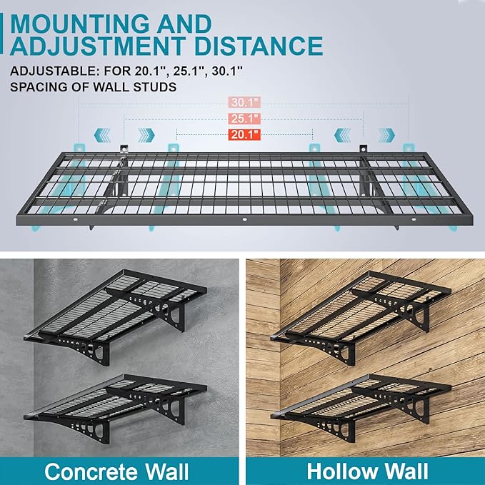 4-Pack 1.5×3.8ft Garage Wall Shelving, 18×45.6 inches Heavy Duty Wall Mounted Shelves, Garage Storage Shelf, 1000 lbs Load Capacity, Black