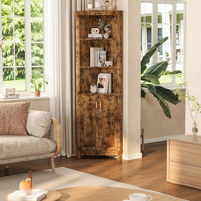 69" Tall Corner Shelf with Doors, 7-Tier Corner Storage Cabinet with Doors, Space Saver Shelf for Bathroom, Bathroom Floor Cabinet for Living Room Kitchen, Hallway