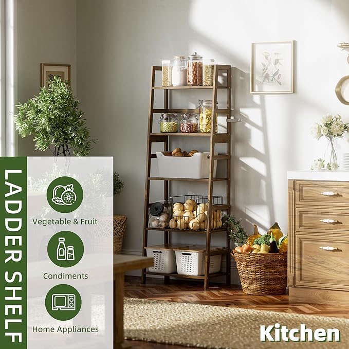 Ladder Shelf, 5-Tier Bookshelf, All Bamboo Heavy Duty Bookcase, Freestanding Open Wood Storage Rack, Modern Corner Display Plant Stand for Living Room, Home Office, Bathroom, Bedroom, Walnut