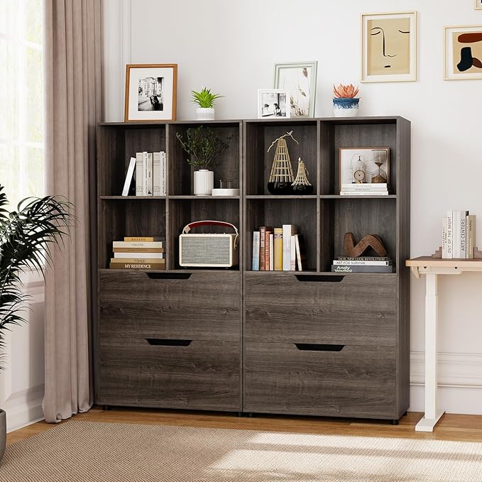GOFLAME 4-Tier Bookcase with 2 Drawers, 51” Tall Bookshelf with 4-Cube Open Shelf, Wood, Modern, Freestanding Display Storage Organizer Shelf for Living Room, Home Office (1,Gray)