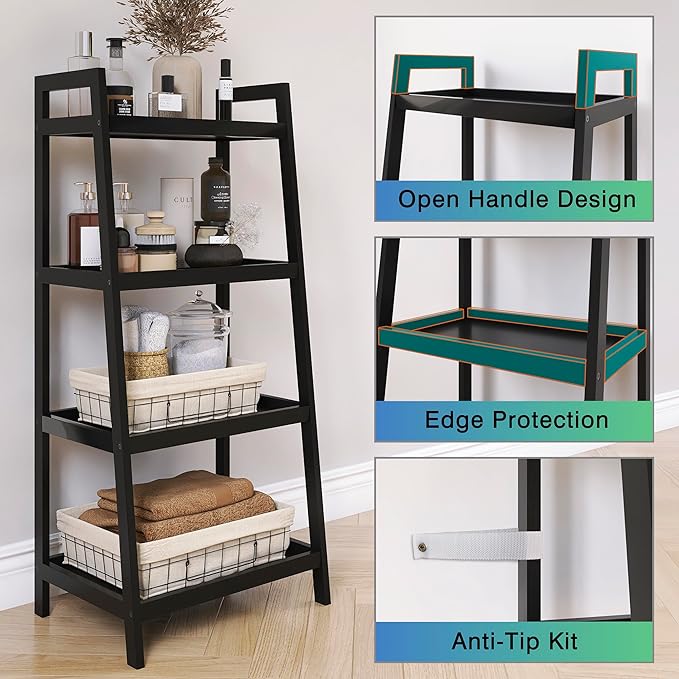 SMIBUY Bamboo Ladder Bookcase, Bathroom Storage Rack Organizer, 4 Tier and 5 Tier Freestanding Plant Display Stand Space Saver Shelves for Bedroom, Kitchen, Balcony (Black, 4 Tiers (39" H))