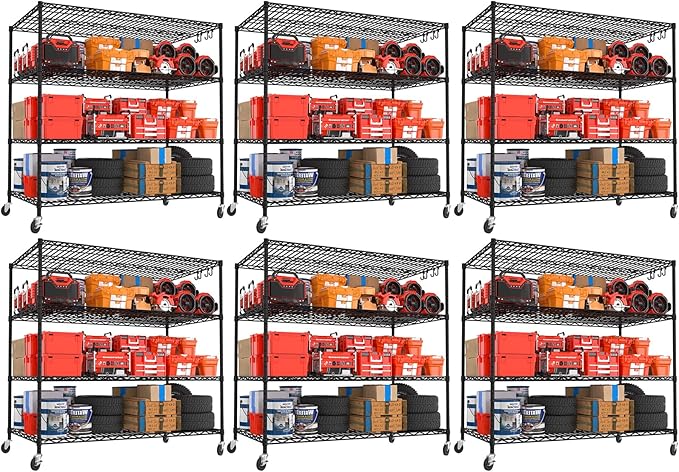 PrimeZone 6 Packs 55.5" W x 24" D x 80" H Heavy Duty Wire Storage Shelves with Wheels, 4 Tier Adjustable NSF Certified Garage Shelving Unit, Rolling Metal Organizer Shelf Rack for Warehouse, Pantry
