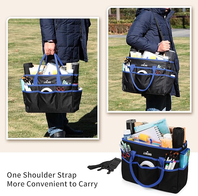 Large Multi-Functional Carrying Bag, 600D Nylon Artist Tote Bag with 16 Pockets Caddy for Art, Craft, Sewing, Make-up or School, Medical, Office Supplies Organizer, Blue
