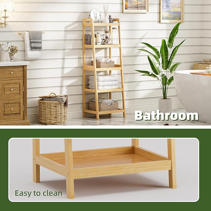 Bookshelf, 5 Tier Ladder Bookcase with Bamboo Frame, Freestanding Tall Narrow Display Plant Shelf for Living Room, Kitchen, Bedroom, Balcony, Natural