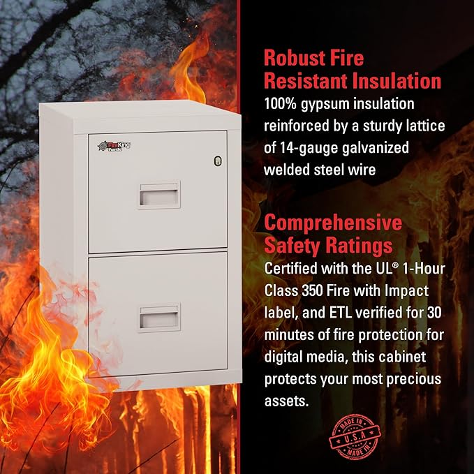 FireKing Turtle Vertical 2 Drawer Legal and Letter Fire Safe File Cabinet with Key Lock, 1 Hour Fire Rated, UL Rated & Water Resistant Home Safe, Filing Cabinet, Made in The USA, Platinum