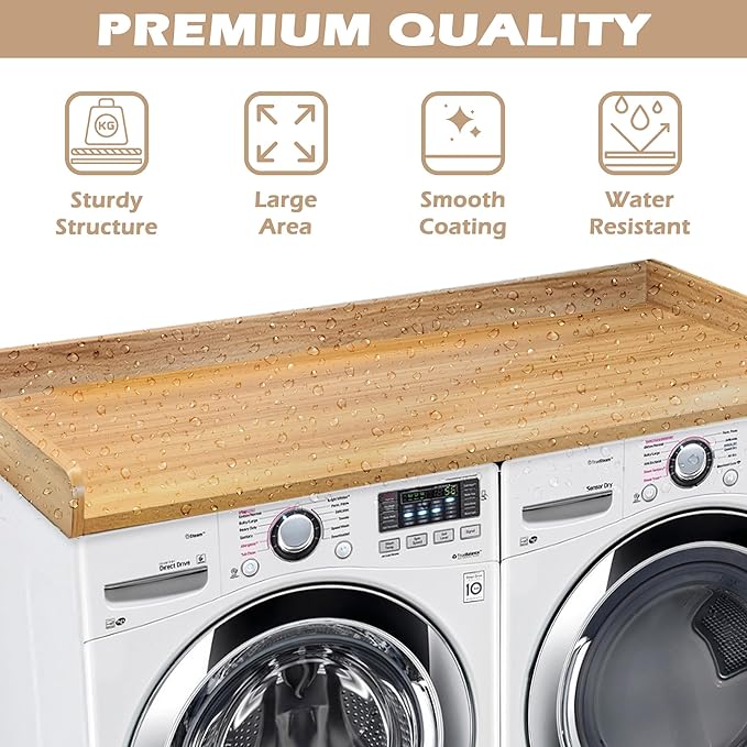 Royxen Washer Dryer Countertop with Solid Wood Core,54“W x 27.5D Laundry Countertop with Edge Rails,Washer and Dryer Topper for Laundry Room Organization (Oak)
