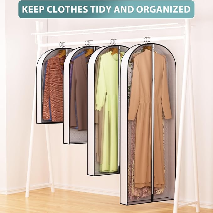 40” Garment Bags for Hanging Clothes 4” Gusseted - with Clear Window, Breathable Fabric, Metal Zipper, Suit Coat Dress Protector for Clothes Closet storage, Season Off, Moving, 5 Pack