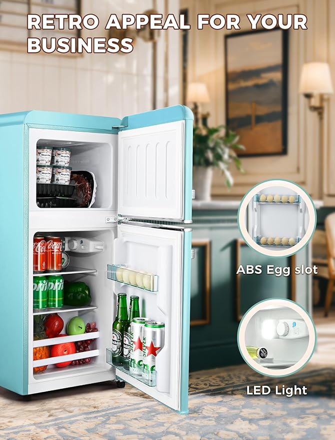 3.2 Cu.Ft Refrigerator, Retro Double Door Fridge with Freezer, 7 Adjustable Temperature Settings, Removable Glass Shelves for Dorm, Office, Bedroom, Apartment, Blue