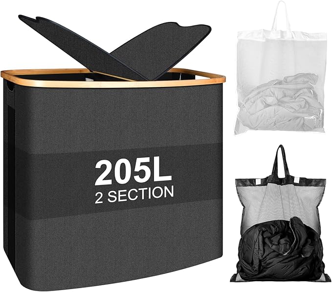 Large Laundry Hamper with Lid 205L,Collapsible 2-Section Dirty Clothes Basket Organizer for Bathroom, Bedroom & Laundry Room - Waterproof, Easy Sort, Foldable Storage Solution