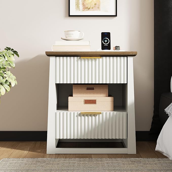HIFYOBRO Fluted Nightstands with Charging Station & Motion Sensor Light, Modern Bedside Tables with 2 Drawers and Storage Shelf for Bedroom, White