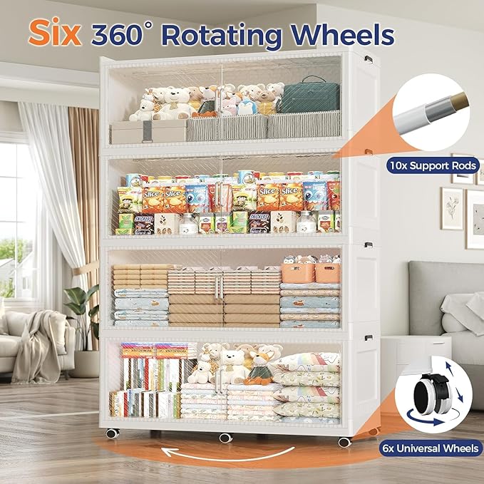 200GAL Extra Large Storage Bins with Lid, 800QT Collapsible Organizer with Wheels, Stackable Closet Cabinet with Doors, Folding Storage Containers for Home, Office, Kitchen, 4Pack White