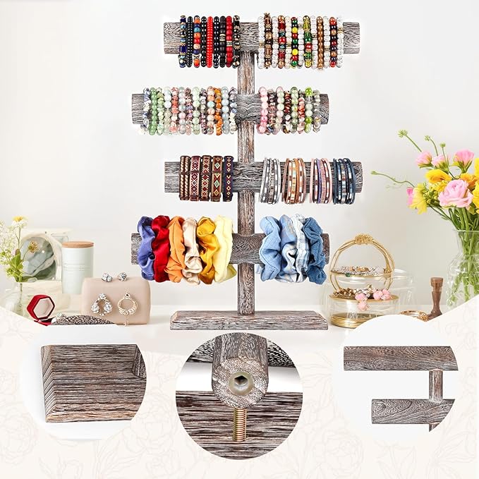 LadyRosian 4 Tier Wooden Display Jewelry Accessory Stand Jewelry Bracelet Holder Bangle Watch Necklace Storage Jewelry Holder Stand Display Organizer, (Antique White-4 layers)