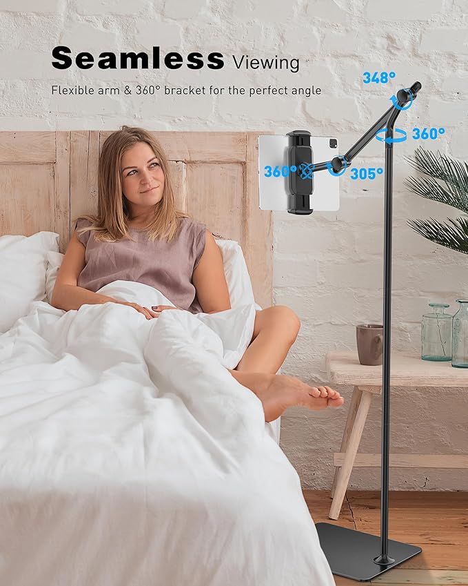AboveTEK Tablet Floor Stand,Stylish Adjustable Height iPad Floor Stand with Stable Base,Aluminum 360° Rotation Holder for Sofa Bed,Fits 4.7-13.5"iPad Pro 12.9/Air/Mini,Galaxy Tab,iPhone,Kindle(Black)