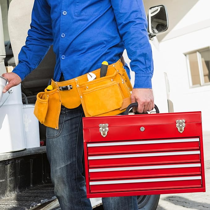 Metal Tool Box with 4 Drawers Portable Steel Tool Chest with Metal Cylinder Lock and Latch Closure, Liner, Red Powder Coating, Suitable for Garage, Warehouse and Outdoor Repair Job-Red
