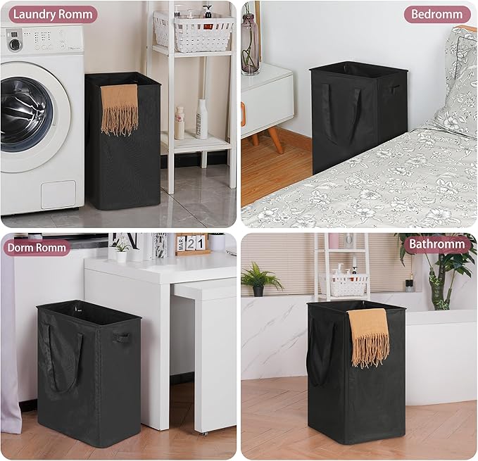 efluky Slim Laundry Basket, Narrow Laundry Hamper with Handles, Collapsible Dirty Clothes Hamper, Tall Laundry Bin for Laundry Room, Dorm and Bedroom, 90L Black