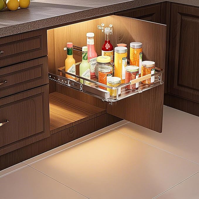1 Pack Expandable Pull Out Cabinet Organizer，Side Mounting 11.8~18"x17.3"Cabinet Pull Out Shelves, Expandable Slide Out Spice Rack for Kitchen Bathroom Office