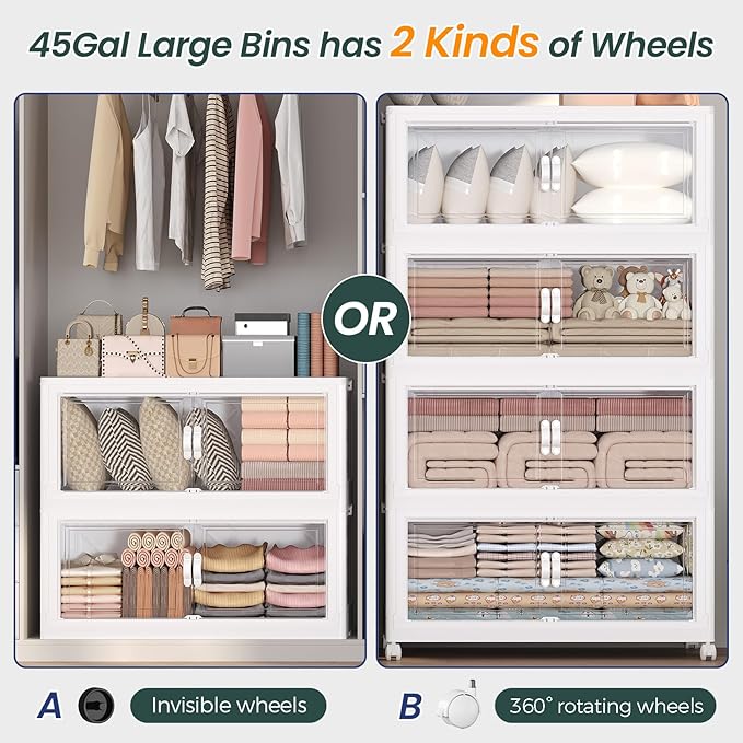 720QT Extra Large Stackable Storage Bins with Lid, 180Gal Collapsible Closet Organizer Box with Wheels, Folding Plastic Storage Cabinet with Doors for Home Kitchen Office Dorm, 4Pack White