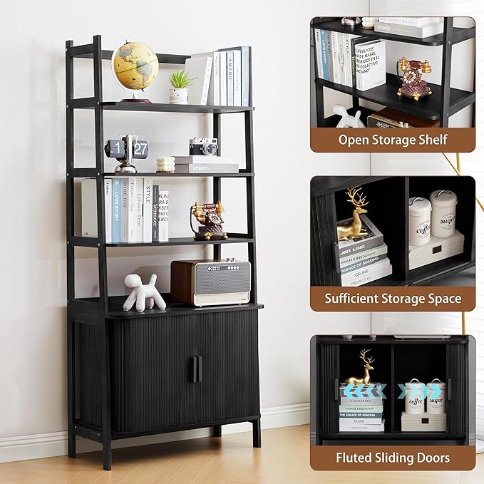 4-Tier Bookshelf, Tall Bookcase with Open Shelf and Sliding Door, 67” Freestanding Storage Organizer Display Cabinet for Living Room, Home Office (Black)