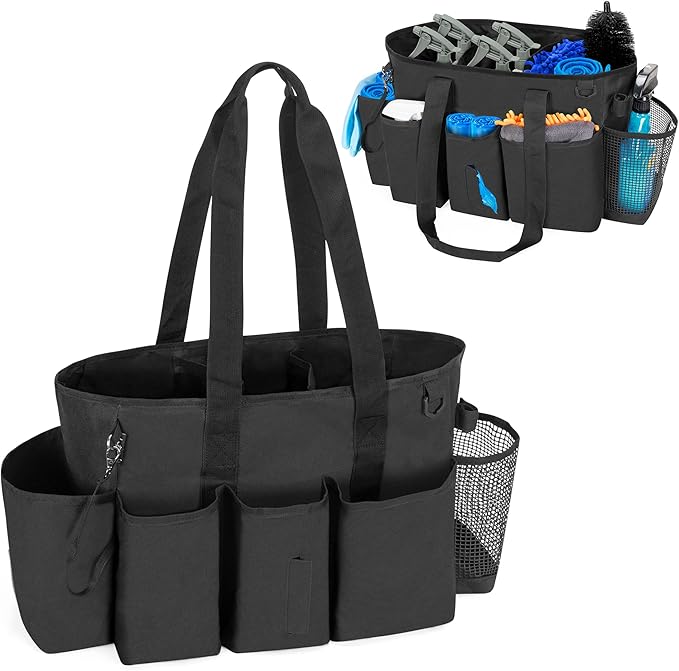 LoDrid Professional Cleaning Tote Caddy for Cleaning Supplies, Cleaning Bag Organizer with Dividers and Handle Strap for Housekeepers Work, Black, (Bag Only)