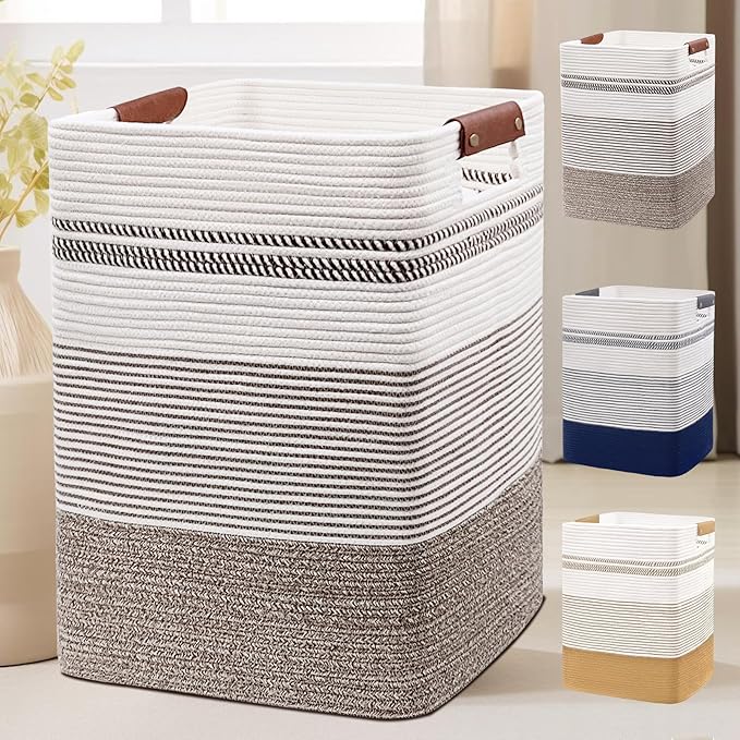 DOFASAYI Laundry Basket - 85L Large Cotton Rope Blanket Basket with Leather Handles, Decorative Storage Hamper, Clothes Hamper for Living Room, Bedroom, Rice Brown & White