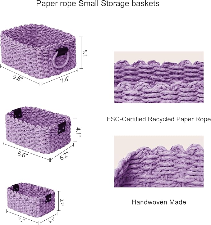 Small baskets for Organizing,Cute woven Storage basket with recycled paper rope for Shelves Bathroom,Little decorative basket,Set of 3 (Purple)