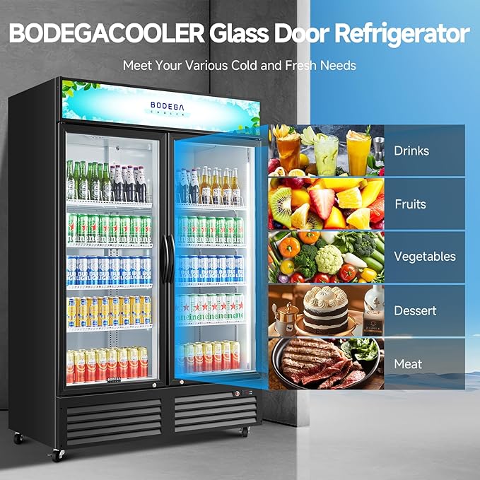BODEGACOOLER Commercial Merchandiser Refrigerator, 2 Glass Door Commercial Beverage Refrigerator, 40 Cu. Ft Beverage Display Cooler with Soft LED Light, Adjustable Shelves and 4 Strong Castors(Black)