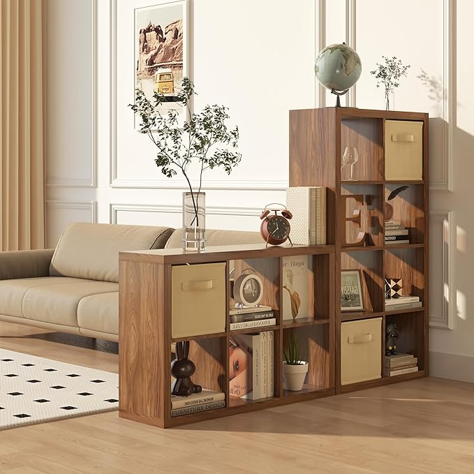 Bookshelf with Storage Bin, 4-Cube Storage Organizer, Modern Wood Open Bookcase, Multifunctional Display Shelf for Living Room, Bedroom, Home Office, Classic Oak