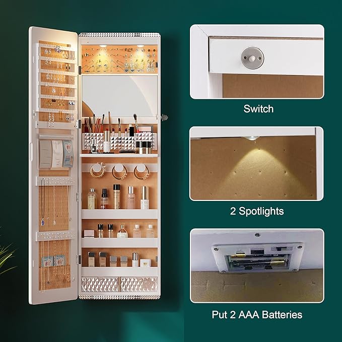HNEBC LED Mirror Jewelry Cabinet with RGB Lights,47.2" Wall Mounted Jewelry Organizer with Full-Length Mirror,Over The Door Hanging Jewelry Armoire Storage Cabinet,Folding Dresser,2 Drawers,Lockable