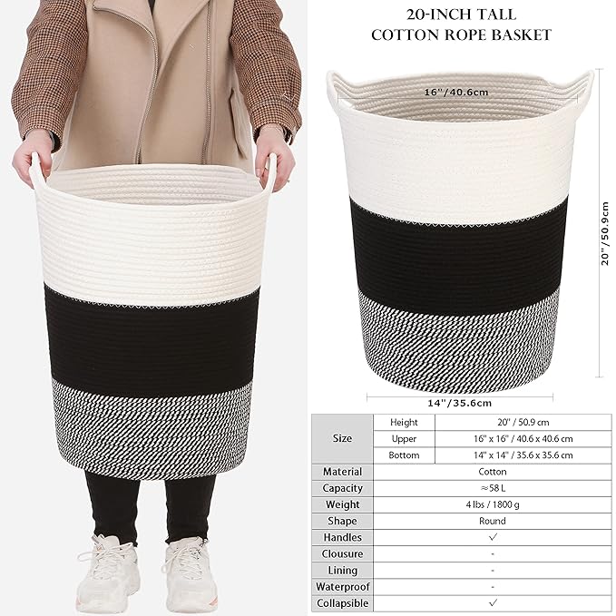 Sea Team Large Size Cotton Rope Woven Storage Basket with Handles, Laundry Hamper, Fabric Bucket, Drum, Clothes Toys Organizer for Kid's Room, 20 x 14 inches, Round Open Design, White & Mottled Black