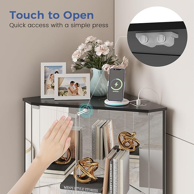 Corner Display Cabinet with Glass Doors, Small Display Case with 3-Color LED Lights and Charging Station, 2-Tier Curio Cabinet with Storage and Shelf, Black
