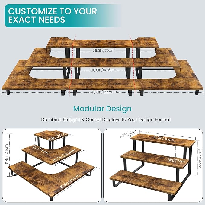 ELITEROO 3 Tier Wooden Retail Display Shelves, Portable Display Rack for Retail Counter Top Craft Shows, 3 Step Corner Tiered Table Display Tower Stand for Cupcake Jewelry Card Sticker Display