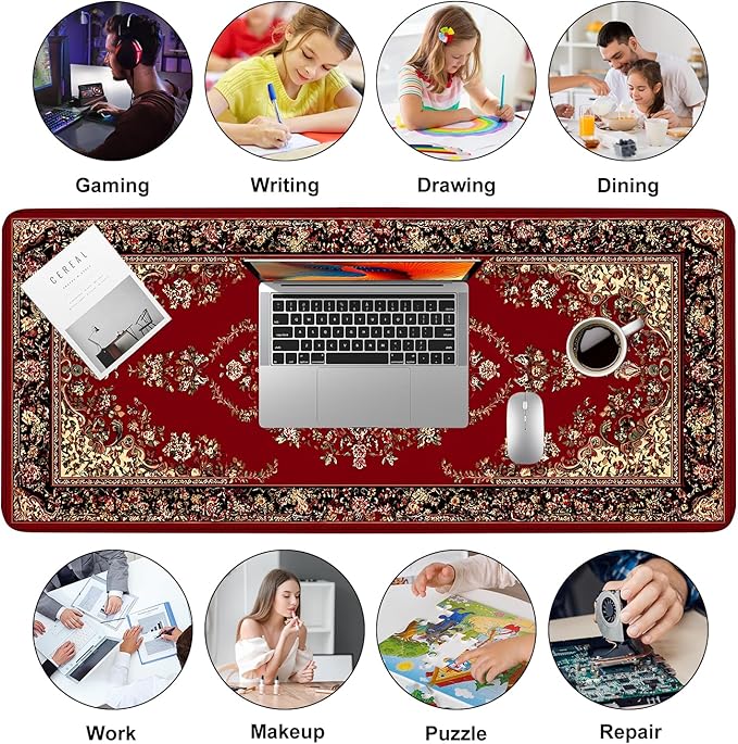 Red Vintage Persian Rug Mouse Pad – Large Extended Desk Mat 35.43 x 15.75 in – Oriental Carpet Design, Non-Slip Rubber Base, Waterproof Surface, Keyboard & Mouse Pad for Office, Gaming, Home