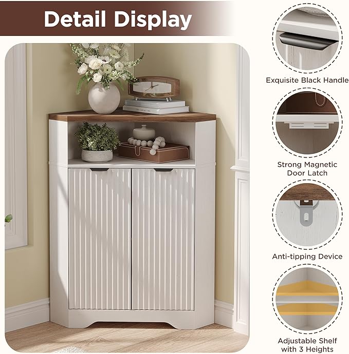 Vabches Corner Cabinet, Corner Bathroom Cabinet with Open Storage, Modern Fluted Storage Cabinet with 2 Doors and Adjustable Shelf, Home Space Saver for Bathroom, Kitchen, Living Room, Pantry, White