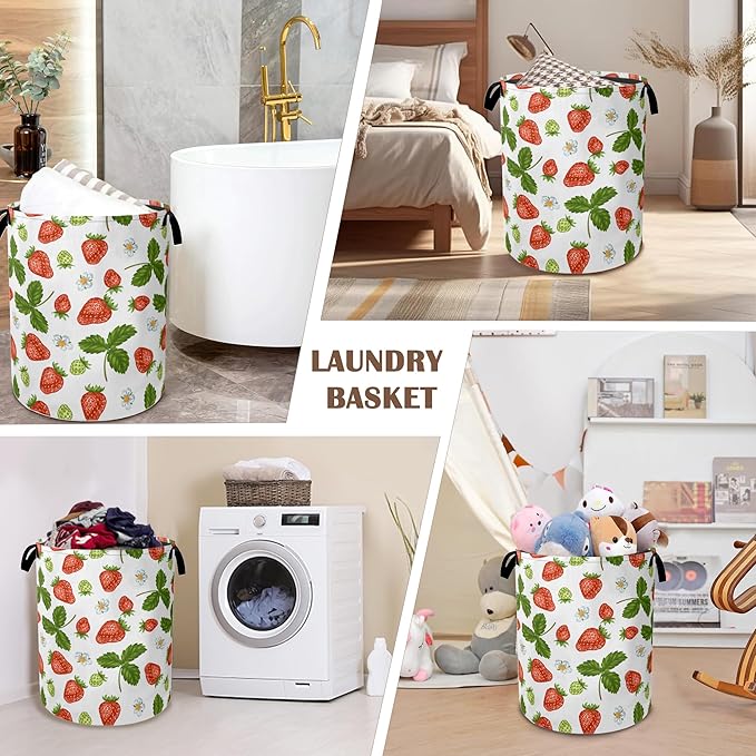 Strawberry Laundry Hamper,Collapsible Laundry Baskets,Flowers Leaf Dirty Clothes Baskets with Handles,Oxford Cloth Hamper for Bedroom,Bathroom,College Dorms, 16"x20"