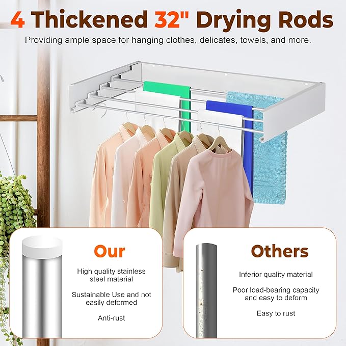 32” Foldable Clothes Drying Rack Wall Mounted - Laundry Drying Rack Collapsible with 4 Steel Poles - Wall Mounted Laundry Room Organization and Storage for Kitchen, Bathroom, Indoor-Outdoor Use