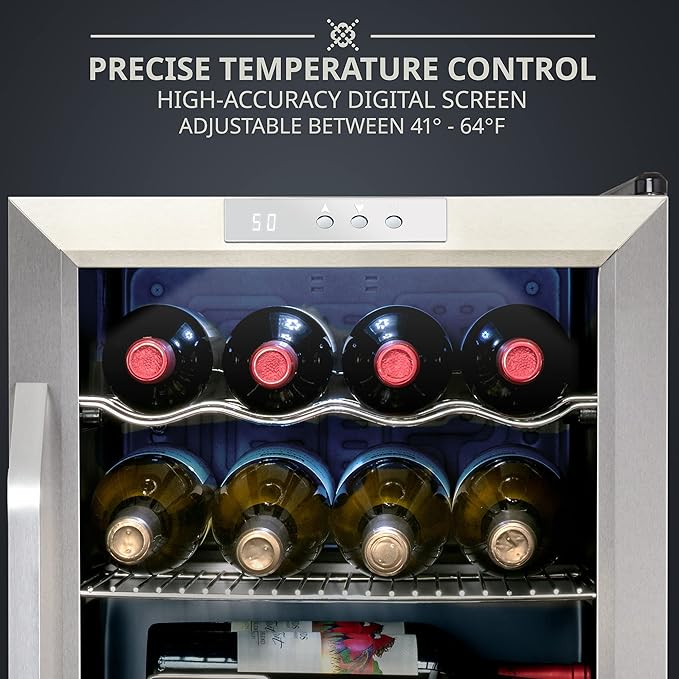 Ivation 12 Bottle Compressor Wine Cooler Refrigerator w/Lock | Large Freestanding Wine Cellar For Red, White, Champagne or Sparkling Wine | 41f-64f Digital Temperature Control Fridge Stainless Steel