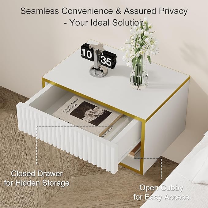 4ever2buy Floating Nightstand with Fluted Drawer, Modern Wall Mounted Nightstand with Open Shelf, White and Gold Night Stand for Bedroom, White