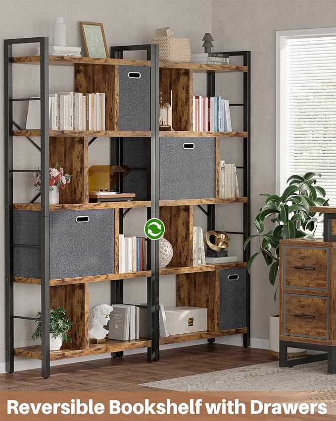 Armocity Bookshelf with Drawers - 5 Tier Tall Bookcase Geometric Modern Book Shelf Display Standing Bookshelves with Storage for Living Room, Bedroom Home Office, Rustic Brown